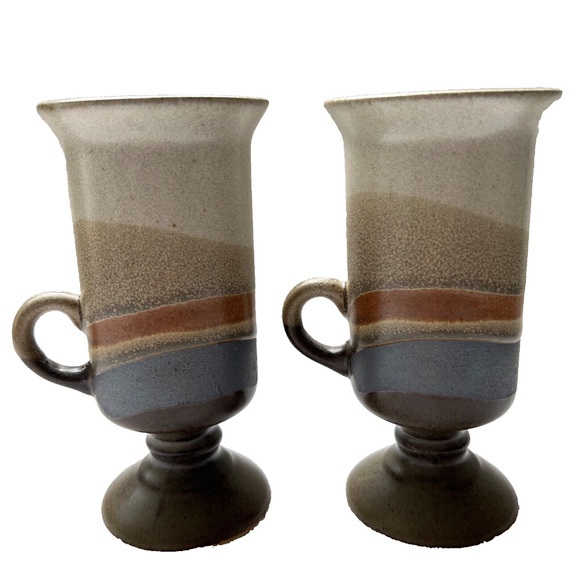Otagiri Japan Mugs 2 Stoneware Tall Footed Irish Coffee Handcrafted Glazed Wave - Picture 2 of 8